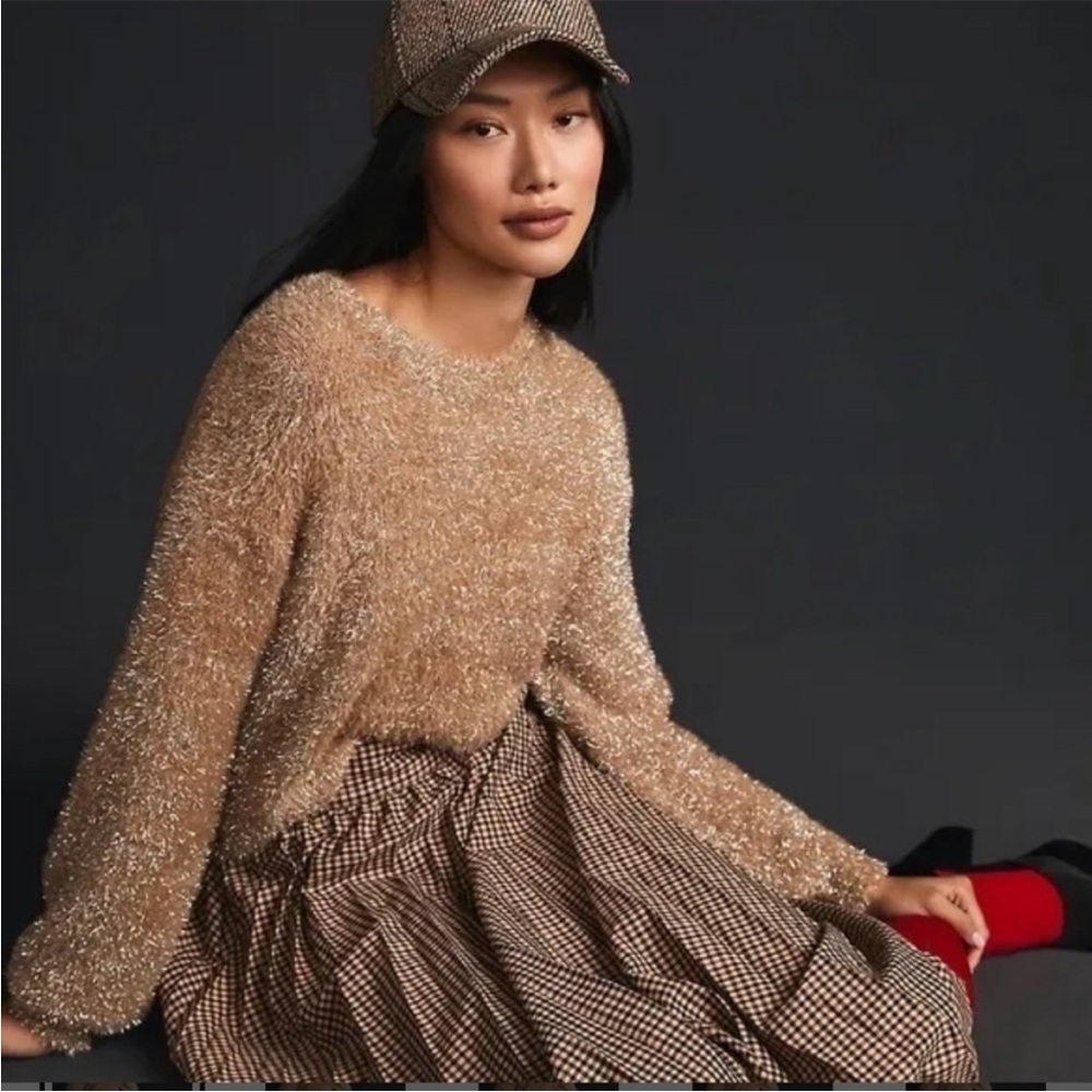 Anthropologie Maeve Tinsel Eyelash Sweater in Sand Tan Silver Size XL